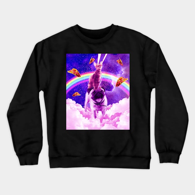 Cosmic Cat Riding Unicorn Pug Crewneck Sweatshirt by Random Galaxy